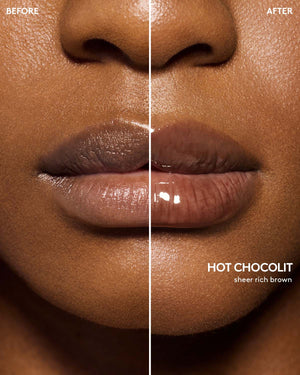 before and after of gloss bomb heat lip plumper in hot chocolit heat on deep skin toned model