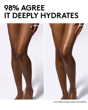 Before and after comparison of legs with hydration text.