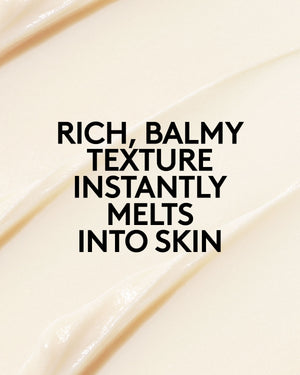 Close-up of the Thicc N Smooth eye cream with overlay text saying: "Rich, balmy texture instantly melts into skin".