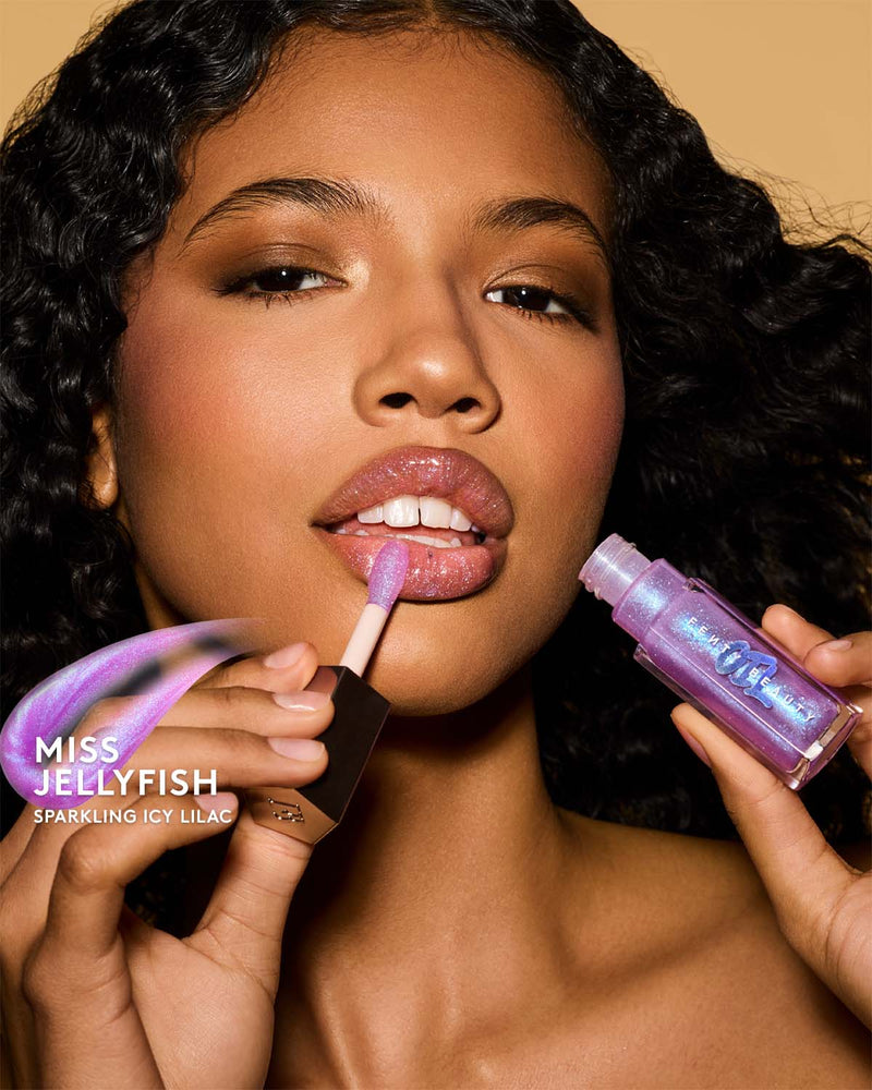 Model image of Miss Jellyfish on a medium skin tone. Miss Jellyfish is a sparkling icy lilac.