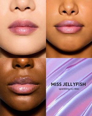 Gloss Bomb Oil Luminizing Oil and  Gloss in shade Miss Jellyfish on light, medium, and deep skin tones. Miss Jellyfish is a sparkling icy lilac.